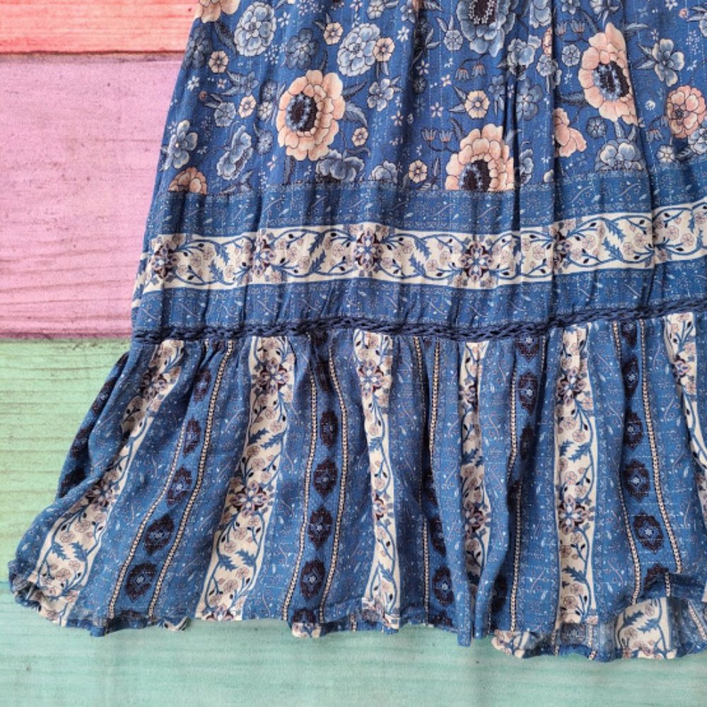 Spell Blue Floral Zahara Metallic Midi Boho Dress - Picture 13 of 16